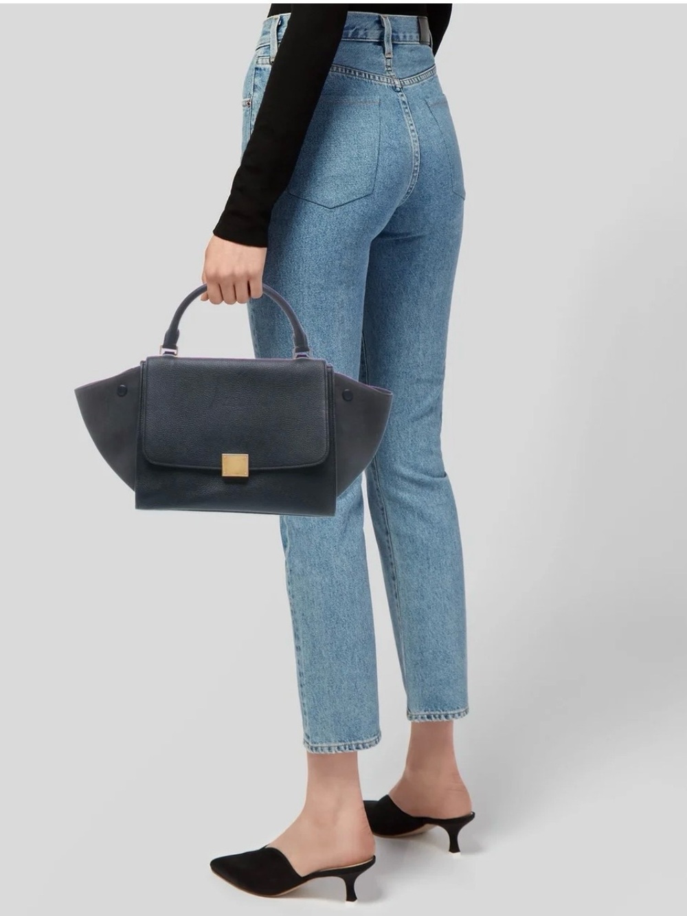 Celine Navy Blue Leather Winged Top Handle Bag with Gold Hardware